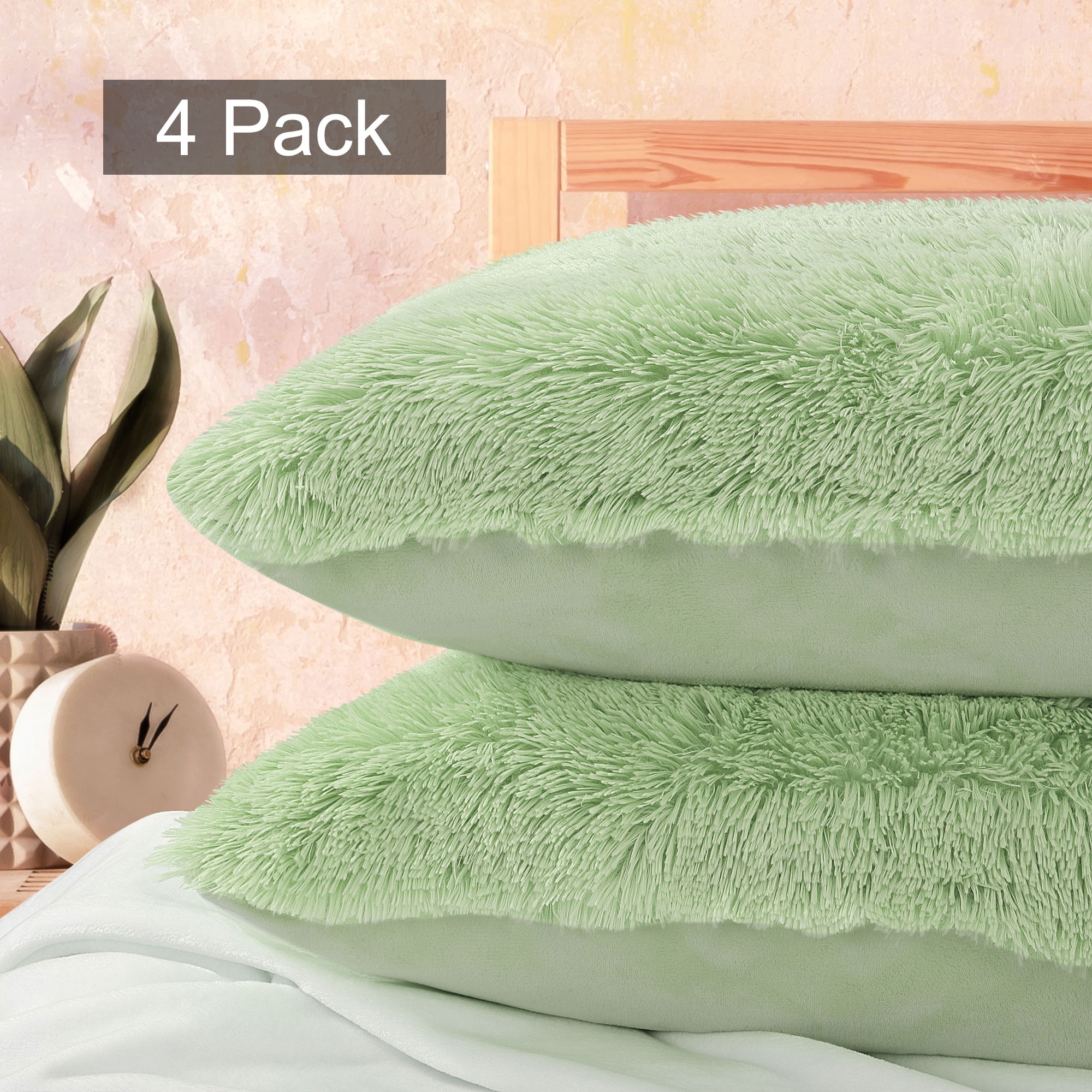 Pack of 4 Soft Faux Fur Pillow Cases with Zipper, Green, King