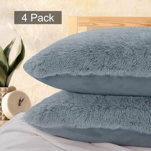 Pack of 4 Soft Faux Fur Pillow Cases with Zipper, Silver, King