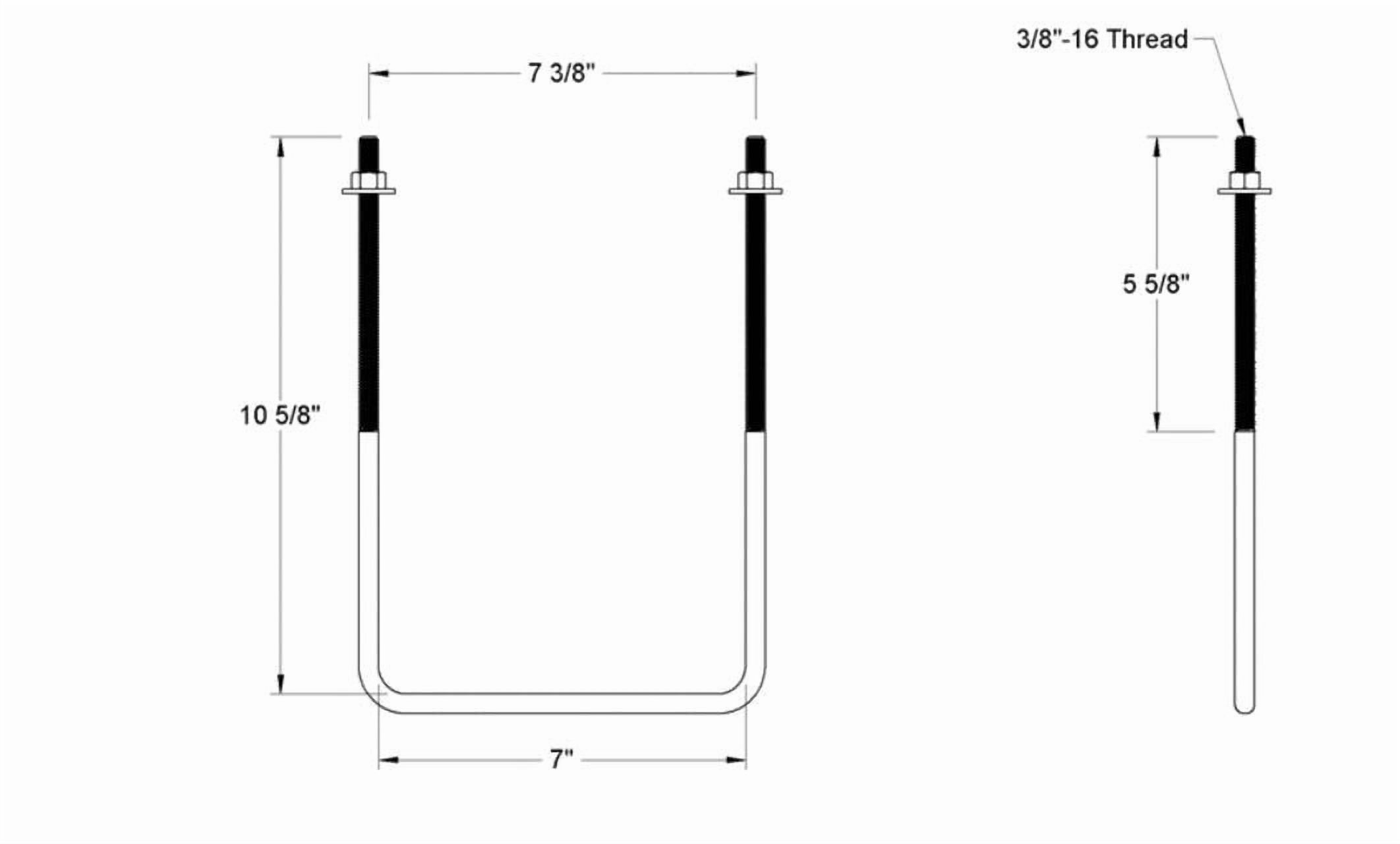 Pack of 4 Sq U Bolt Zinc-Plated, Steel, 3/8"-16 Thread, 7" W, 10-5/8" H