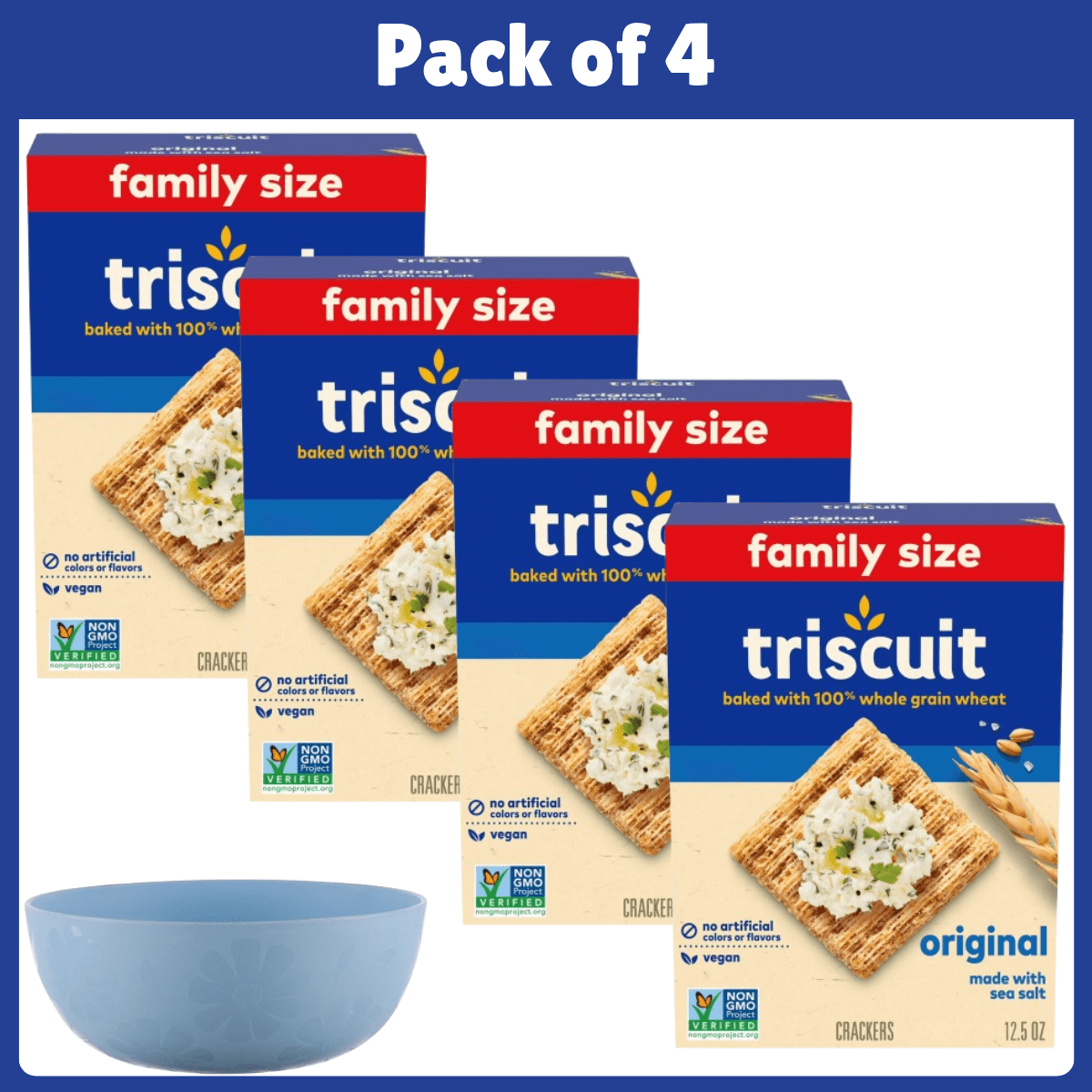 Pack of 4 Triscuit Original Whole Grain Wheat Crackers, Vegan Crackers, Healthy Snacks, Family Size, 12.5 oz-With Bowl