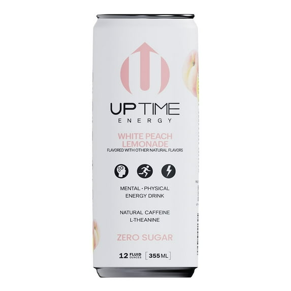 Pack of 4 UPTIME Zero Sugar Energy Drink - White Peach Lemonade - 12 oz - Package may vary
