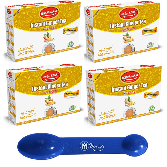 (Pack of 4) Wagh Bakri Instant Ginger Tea, Unsweetened, No Added Sugar (2in1) Miras Trademark Measuring Spoon Included)