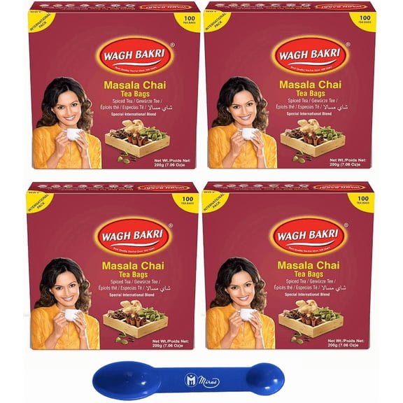 (Pack of 4) Wagh Bakri Masala Chai Tea Bags, 100 Tea bags of Special International Blend (2in1) Miras Trademark Measuring Spoon Included)