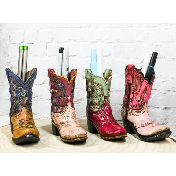 Pack of 4 Western Fancy Cowboy Cowgirl Boots Faux Leather Boots Pen Holders
