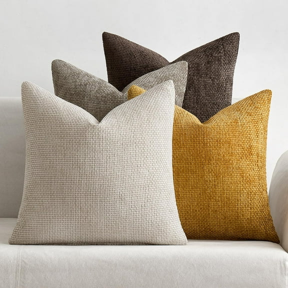 Pack of 4 Woven Textured Decorative Throw Pillow Covers Soft Chenille Accent Luxury Cushion Cases , 18*18 inch, Neutral Gold/Brown