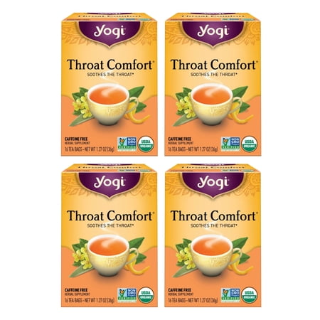 Yogi Tea Throat Comfort - 16 Bags per Pack (4 Packs) - Herbal Tea for Throats - Organic Throat Soothing - Includes Licorice Root, Wild Cherry Bark, Slippery Elm Bark & More