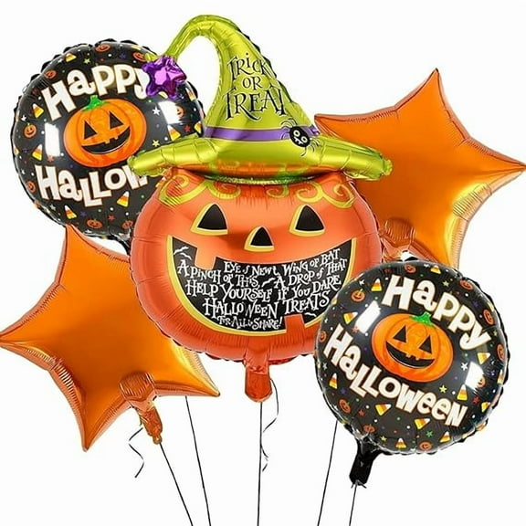 (Pack of 5) Happy Halloween Party Scary Pumpkin Foil Balloons - Orange