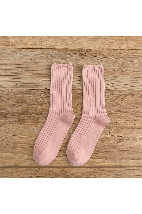 Pack of 5 Mid-Calf Socks for Women, Solid Color with Vertical Stripes, Soft Warm Winter Socks, Ankle Boot Socks for Ladies. Pink 5 pairs