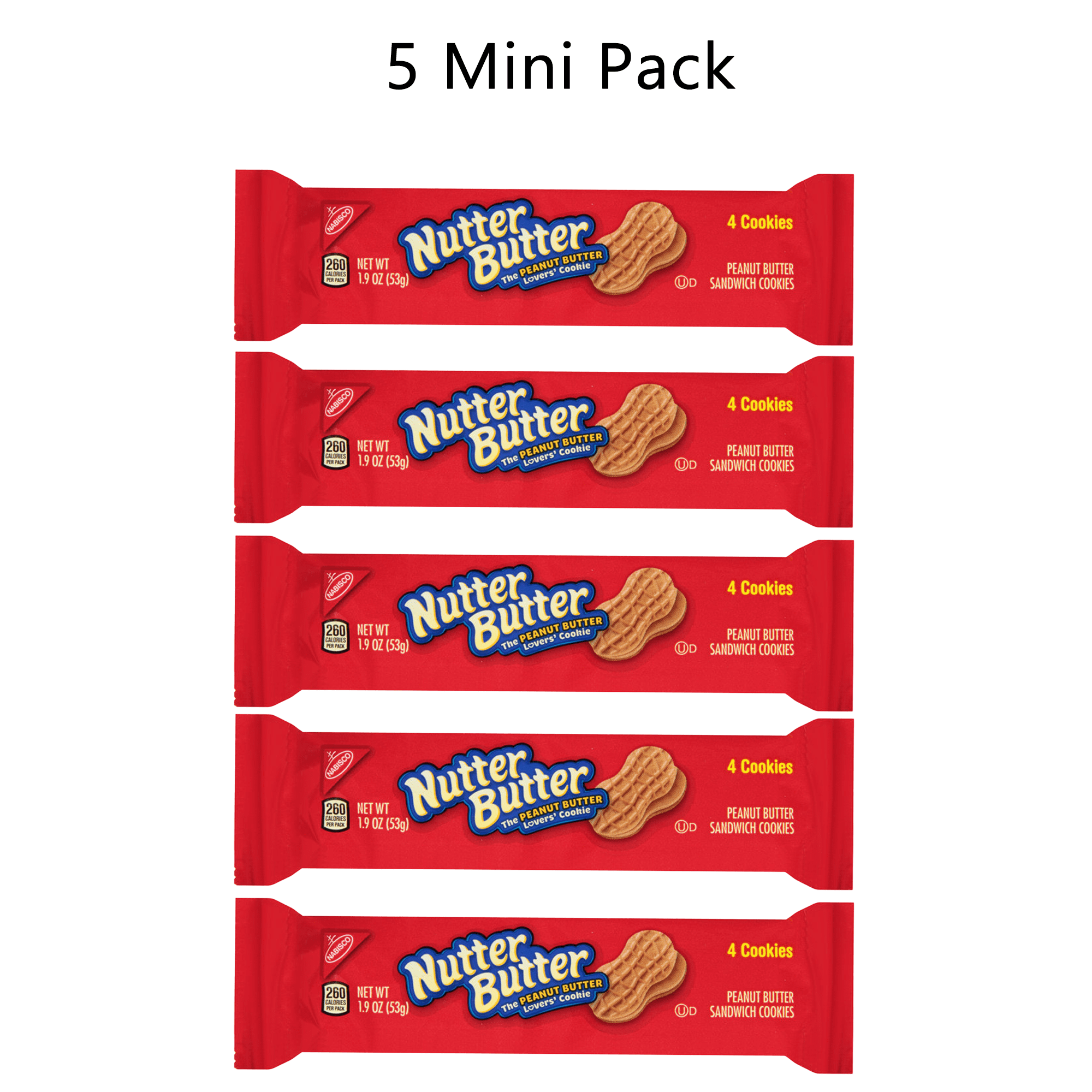 Pack of 5 Nutter Butter Peanut Butter Sandwich Wafer Cookies, 1.9 Oz Per Bar