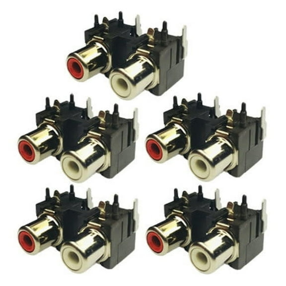 Pack of 5 RED WHITE PCB Mount 2 Port Right - Left RCA Female Stereo Aux Audio Video Jack AV Connector