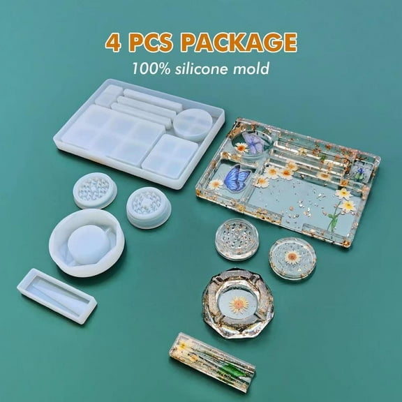 Pack of 5 Resin Tray & Grinder Mold for Grind and Storage, Large Silicone Molds for DIY Resin Epoxy Kit