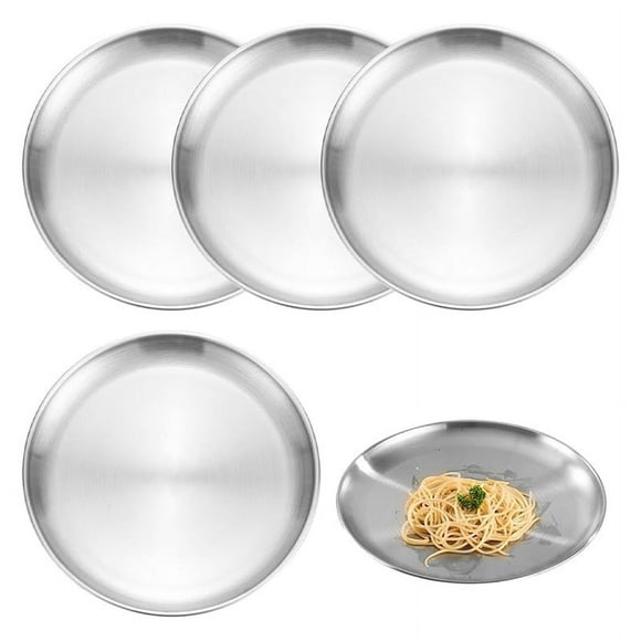 Pack of 5 Stainless Steel Plates, 20 cm Stainless Steel Round Tableware, Sturdy Stainless Steel Plates, Camping Plates