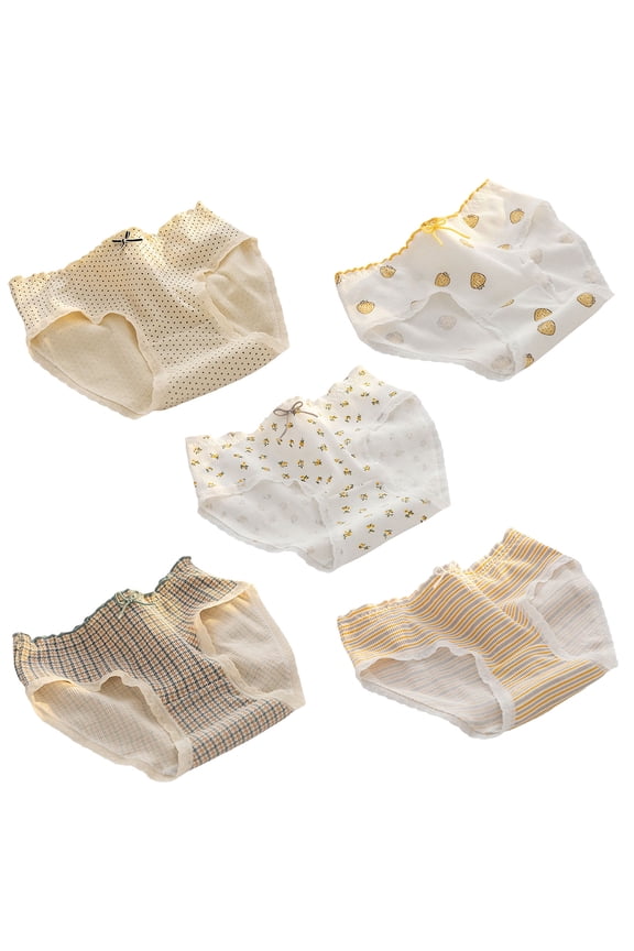 Pack of 5 Women's Ribbed Cotton Underwear Sweet Floral Strawberry Print Briefs Middle Waist Lace