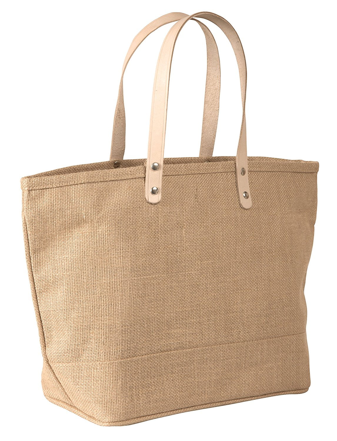 Jute tote bag top with leather handles