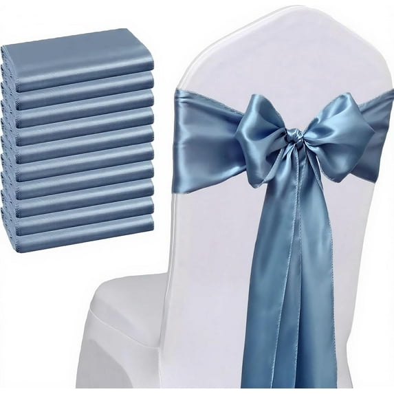 Pack of 50 Satin Dusty Blue Chair Sashes Bows for Wedding 7x108 Inch Chair Ribbons Ties for Party Banquet Ceremony Baby Shower Event Decorations