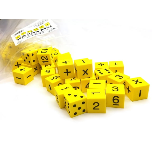 Pack of 50 Yellow 1" 25mm Foam Math Dice - Assorted Function, Spots, and Numbers