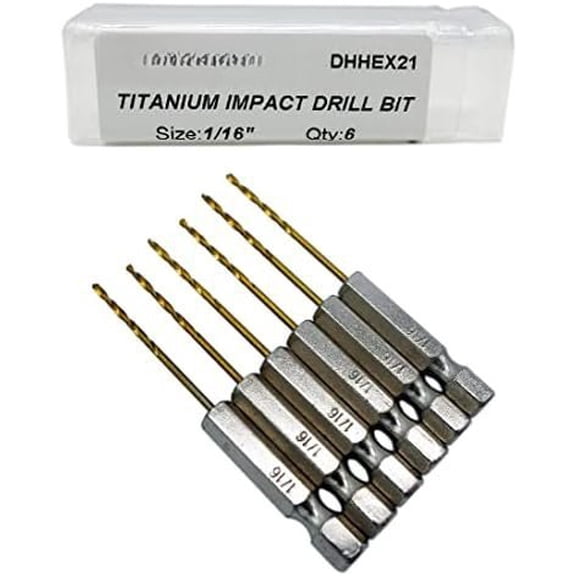 Pack of 6, 1/16-Inch Titanium Nitride Coated  Bit, Hex Shank,  M2 High Speed Steel, for Metal, Plastic,