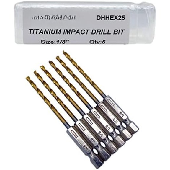 Pack of 6, 1/8-Inch Titanium Nitride Coated Bit, Hex Shank, M2 High Speed Steel, for Metal, Plastic,