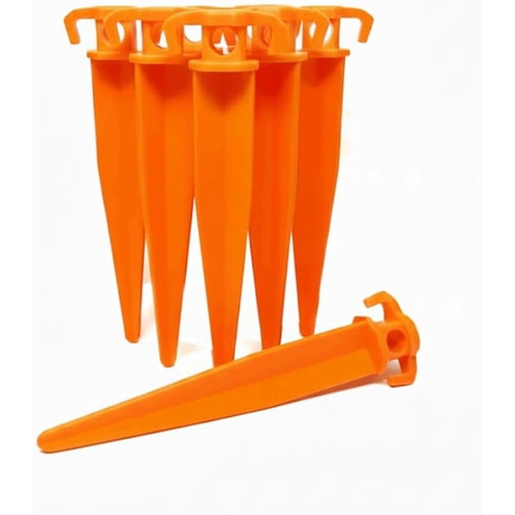 Pack of 6 11" Bright Orange Plastic Tent Pegs, Heavy-Duty Ground Stakes for Camping, Gardening, Landscaping & Holiday Light Decorations