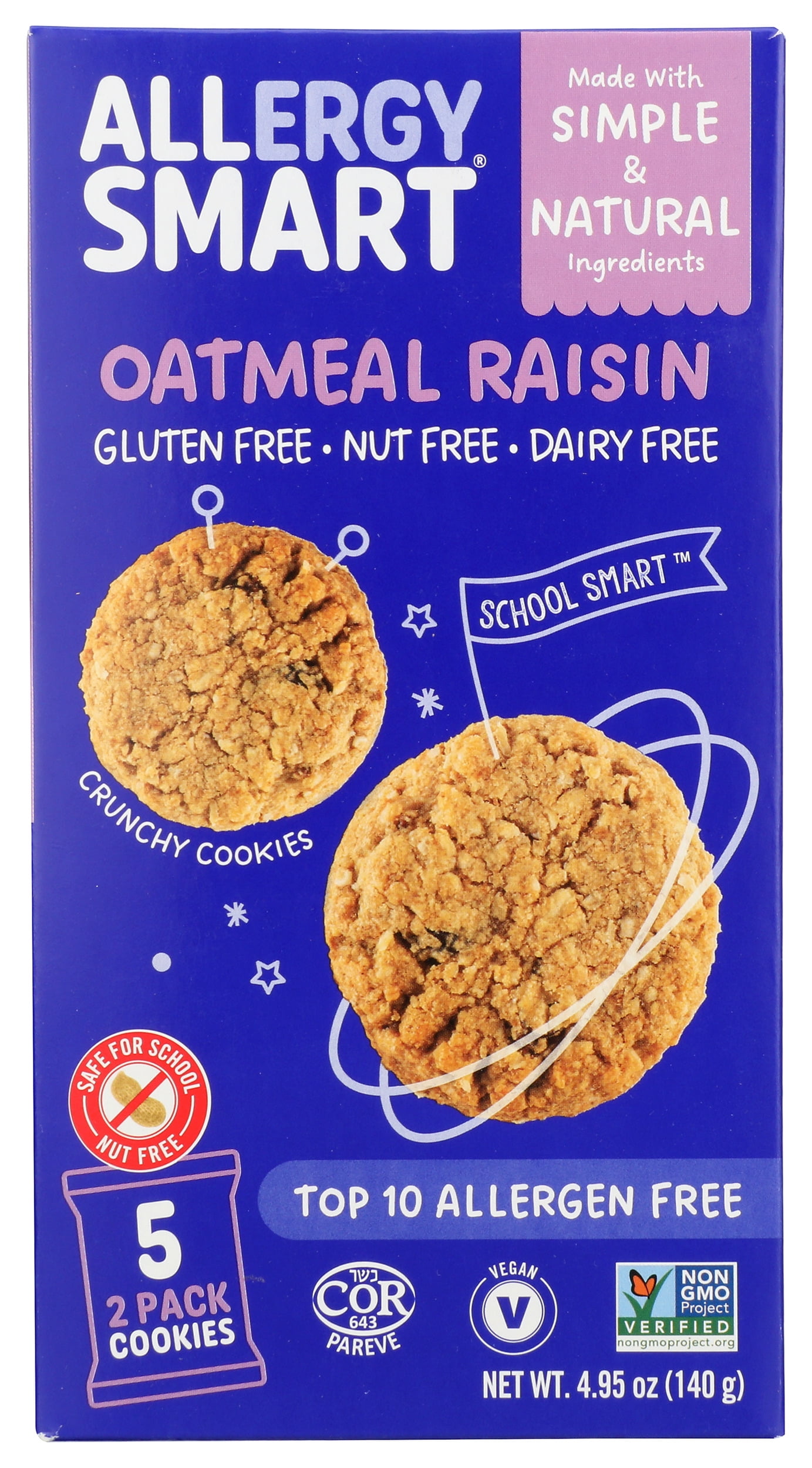Pack of 6, Allergy Smart Oatmeal Raisin Cookies, 4.95 oz, image size:1383x2499
