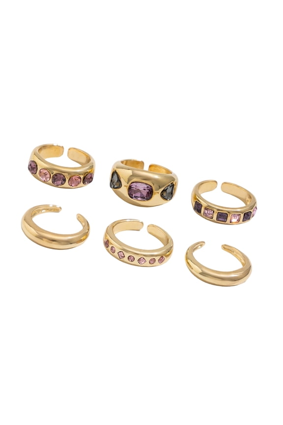 Pack of 6 Alloy Stackable Rings Boasting Pink Gemstones Adjustable for Any Finger Size and Fashion Statements