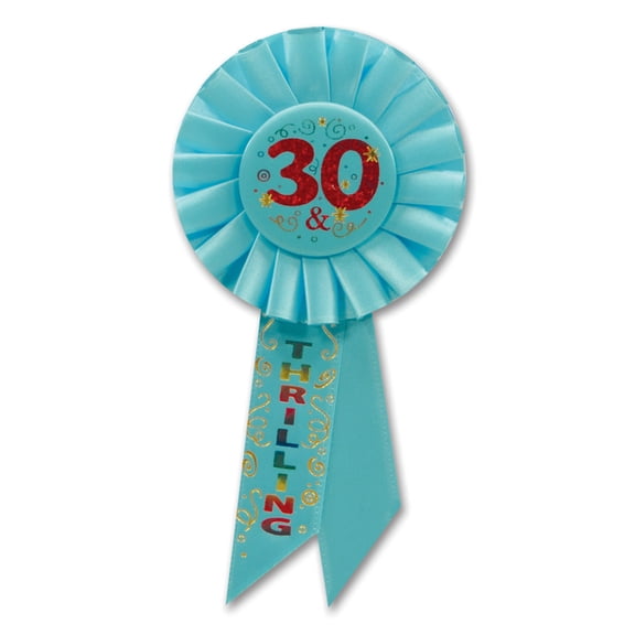 Pack of 6 Blue "30 & Thrilling" Birthday Party Celebration Rosette Ribbons 6.5"