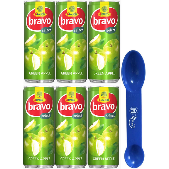 (Pack of 6) Bravo Green Apple Juice 250ml Cans (2in1) Miras Trademark Measuring Spoon Included)