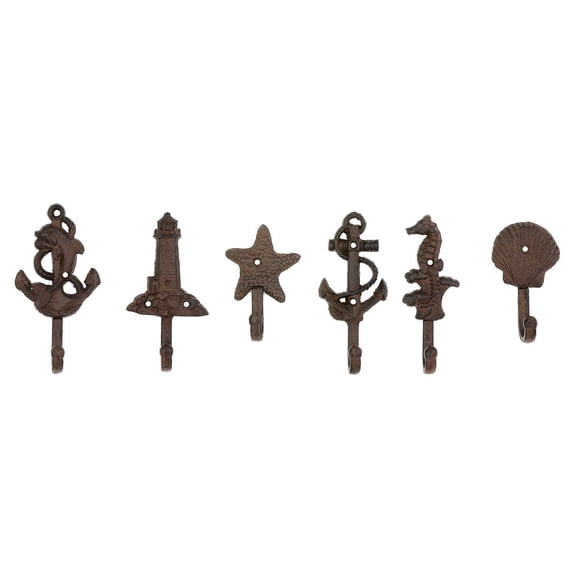 Pack of 6 Cast Iron Marine Sea Horse Anchor Lighthouse Starfish Shell Wall Hooks