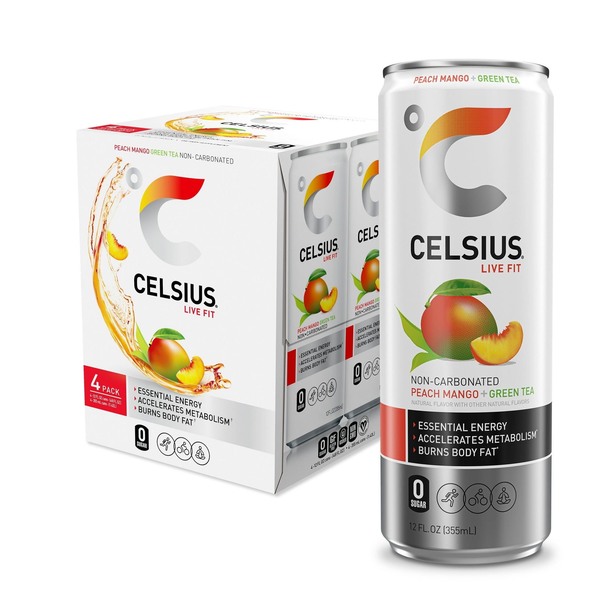 Pack of 6, Celsius Fizz Free Peach Mango Green Tea, 4 cans - 48 fl oz ...