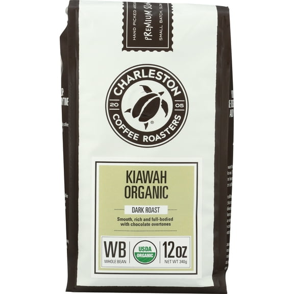 Pack of 6, Charleston Coffee Roaster Kiawah Organic Dark Roast Whole Bean Coffee, 12 oz