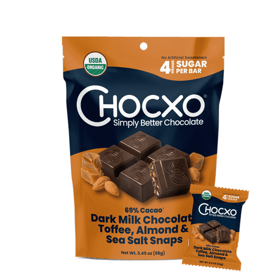 (Pack of 6) Chocxo Dark Milk Chocolate Toffee, Almond & Sea Salt Snaps, 3.45 oz