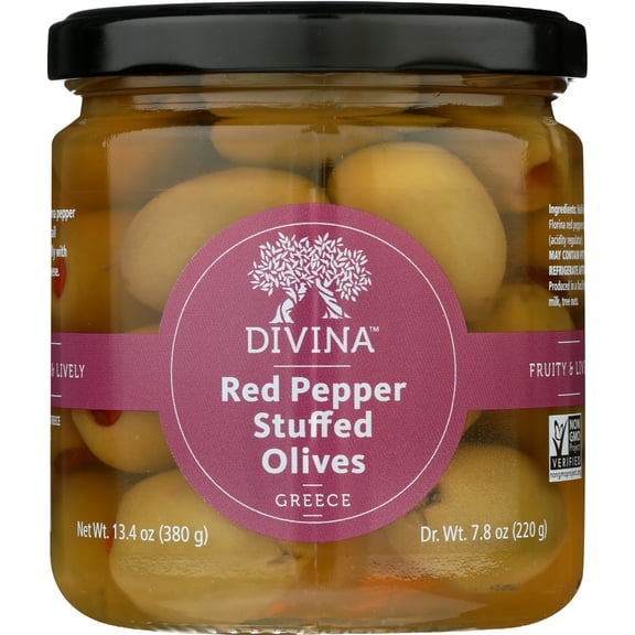 Pack of 6, Divina Red Pepper Stuffed Olives, 7.8 oz
