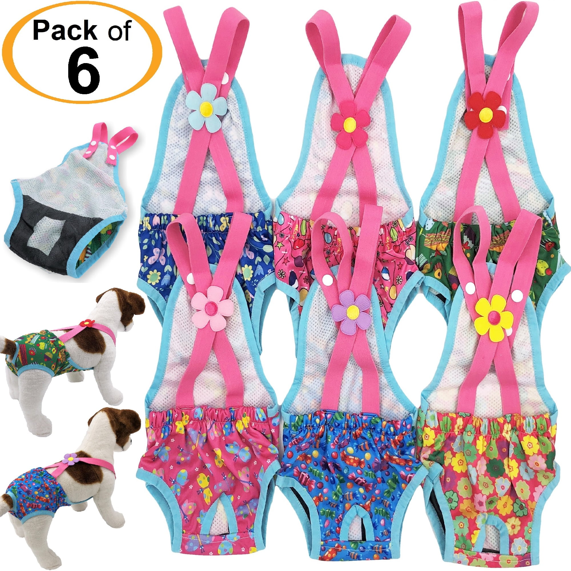 Pack of 6 Female Dog Diapers Sanitary Pantie Washable Reusable with Suspenders Stay On for Small Pet