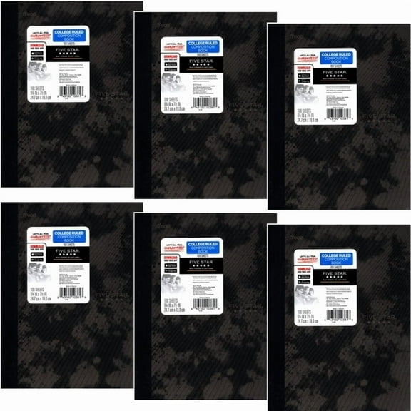 Pack of 6 - Five Star College Ruled Plastic Cover Composition Notebook - Tie Dye Black (100 Sheets)