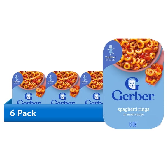 (6 pack) Gerber Mealtime for Toddler, Spaghetti Rings in Meat Sauce Toddler Food, 6 oz Tray