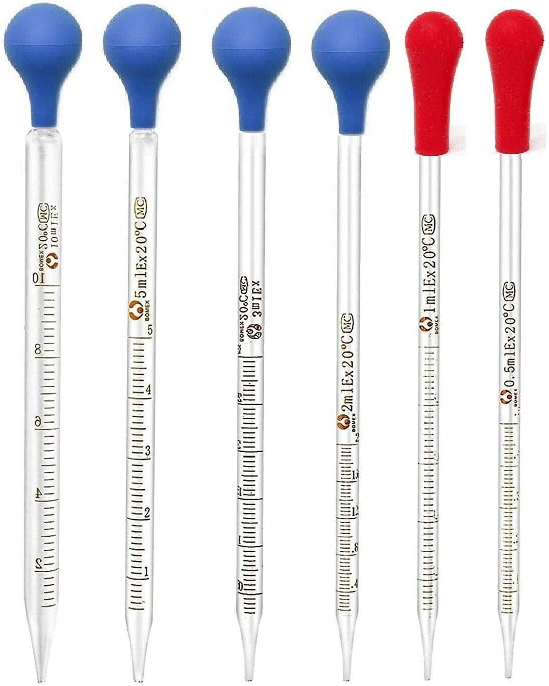 Pack of 6 Graduated Droppers 0.5ml 1ml 2ml 3ml 5ml 10 ml Multipurpose Glass Pipettes for Medicine and Essential Oils Transfers