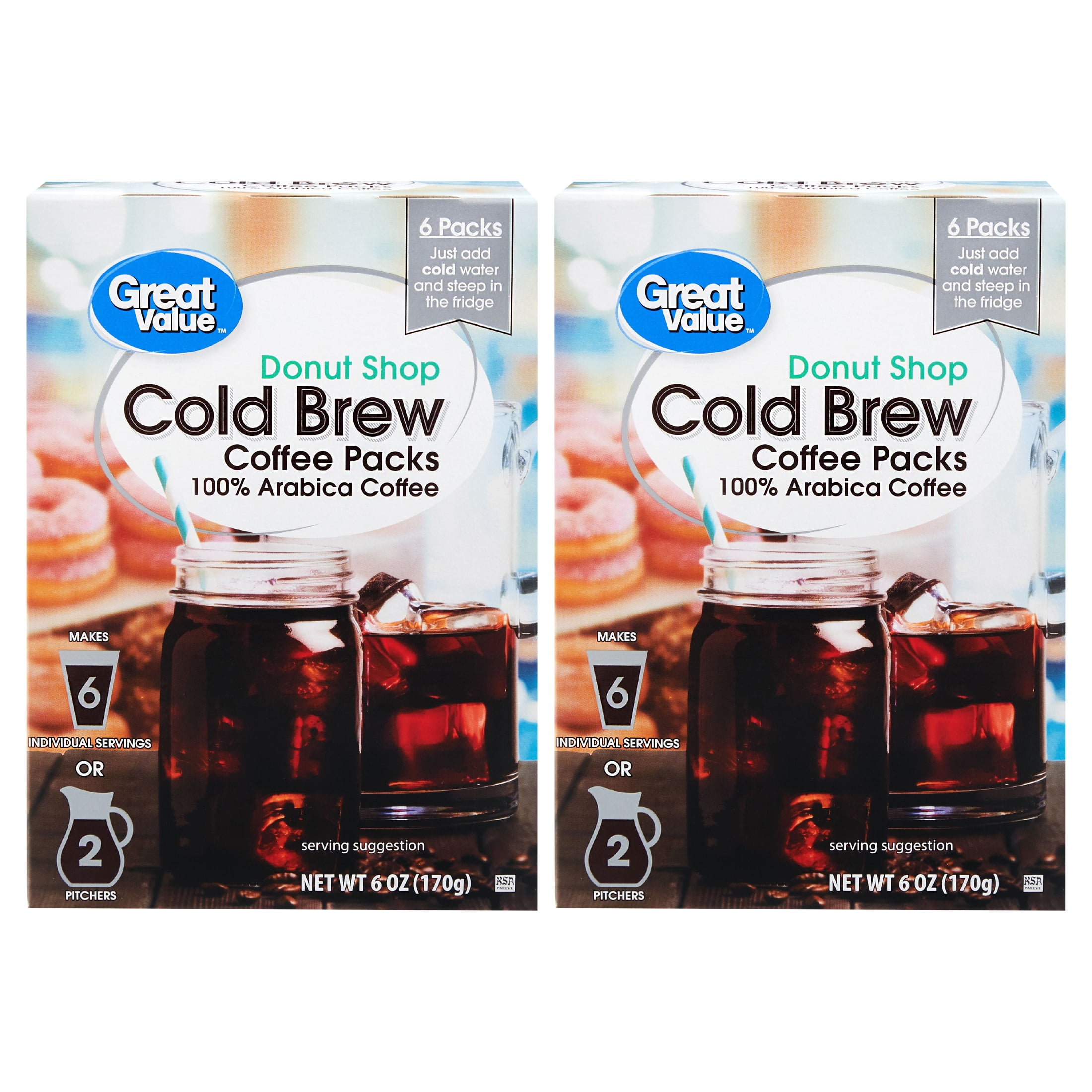 (2 pack) (Pack of 6) Great Value Cold Brew Coffee Packs, Donut Shop, 6