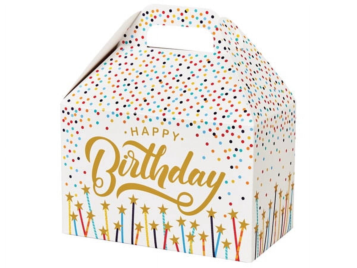 Pack of 6, Happy Birthday Stars Gable Box, 8.5x4.75x5.5" for Food Service, Party Favors and Promotional Packaging