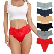 YUAMOSE Pack of 6 High Waist Lace Thongs For Women Wide Gusset Underwear Plus Size High Rise Panties Cotton Thong For Women Size S-4XL