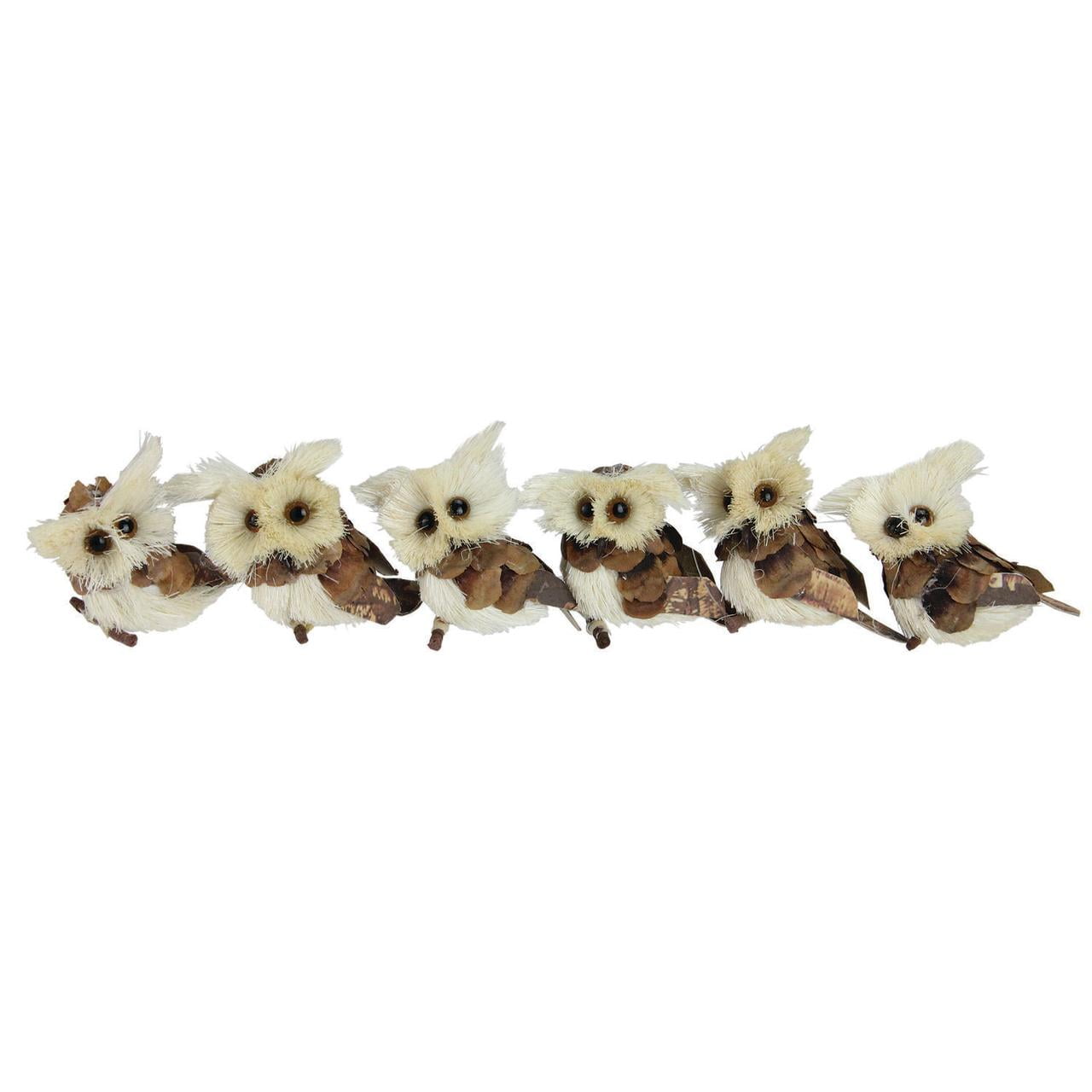 Set of 6 Brown and Tan Faux Feather Owl Ornaments