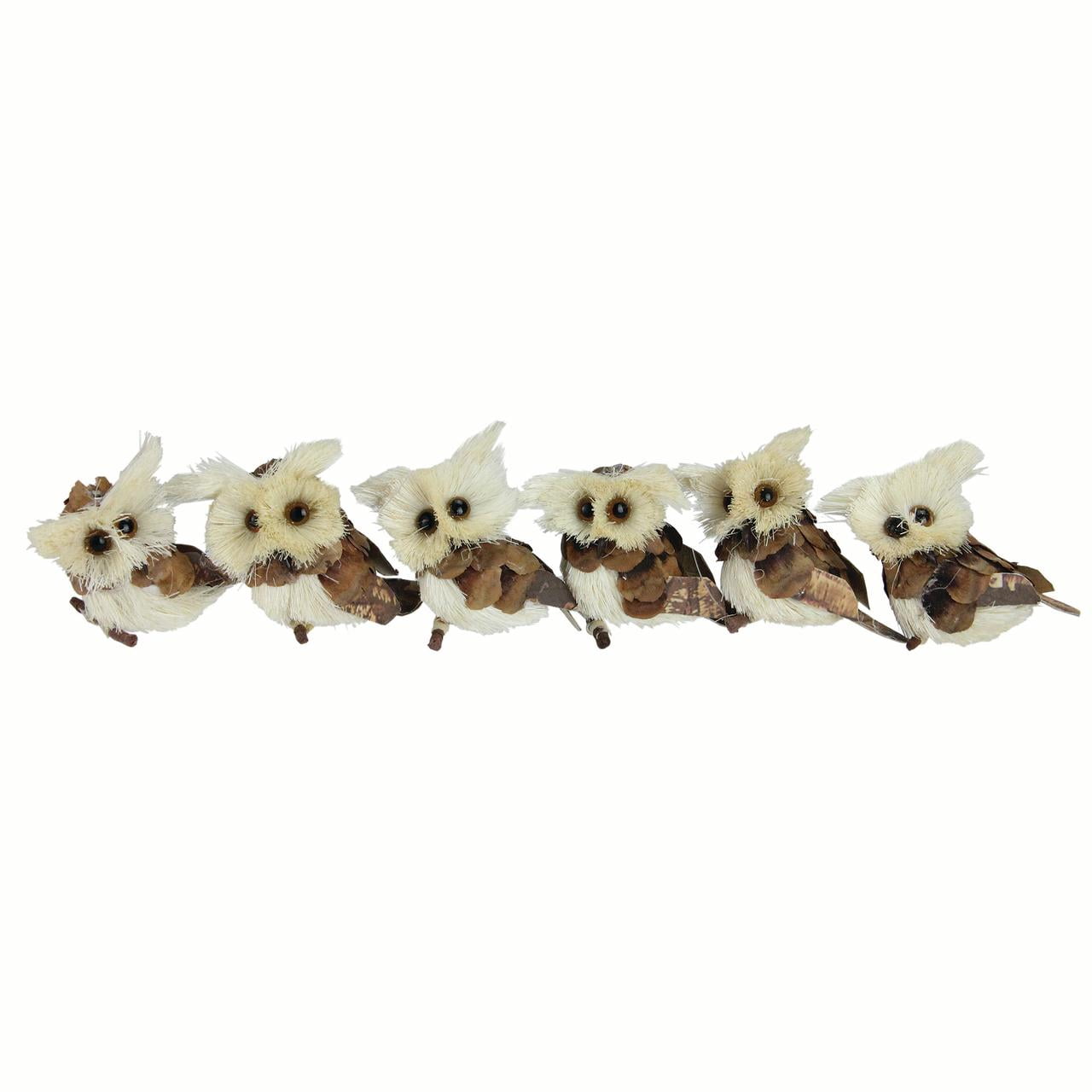 Set of 6 Brown and Ivory Sisal Owls Christmas Ornaments, 2.25"