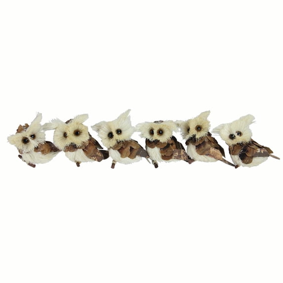 Set of 6 Brown and Ivory Sisal Owls Christmas Ornaments, 2.25"