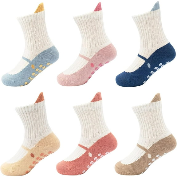 Pack of 6 Infant Toddler Cotton Non-Slip Socks with Grips Cute Ballet Style Baby Boys Girls Ankle Socks
