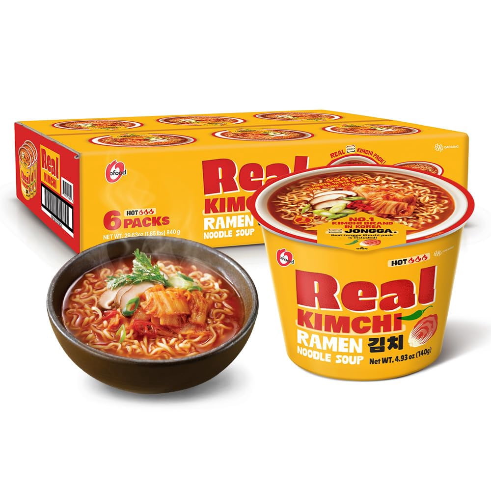 [Pack of 6] Jongga Korean Kimchi Ramen(noodle soup) Bowl with Real Kimchi, 4.93oz (140g)