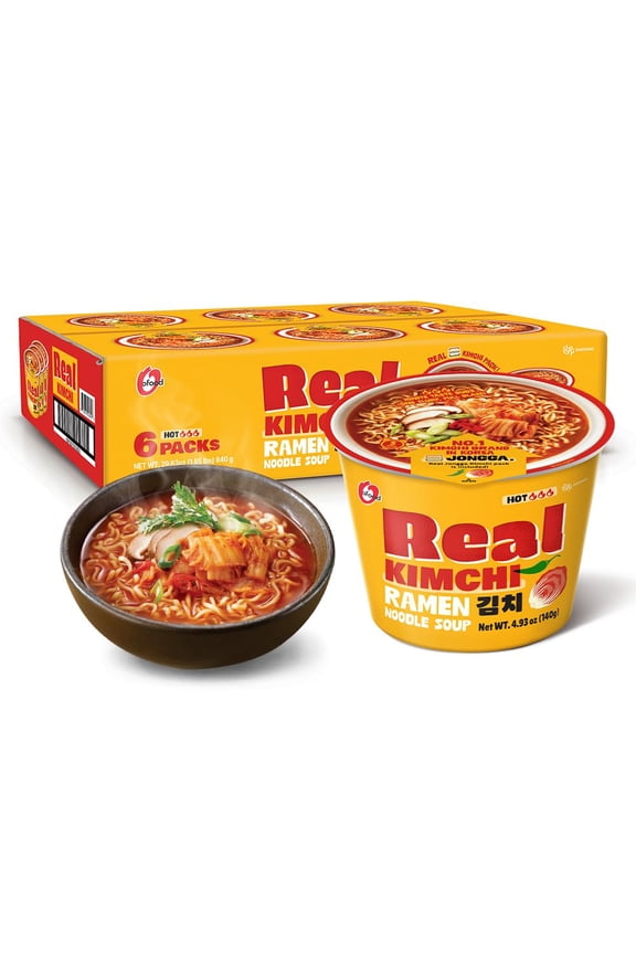 [Pack of 6] Jongga Korean Kimchi Ramen(noodle soup) Bowl with Real Kimchi, 4.93oz (140g)