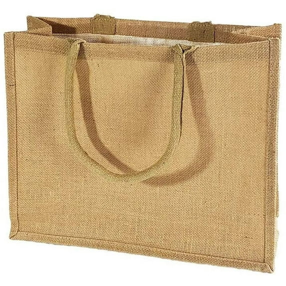 (Pack of 6) Jute/Burlap Tote Bags Soft Cotton Handles Laminated Interior (Large, Natural)