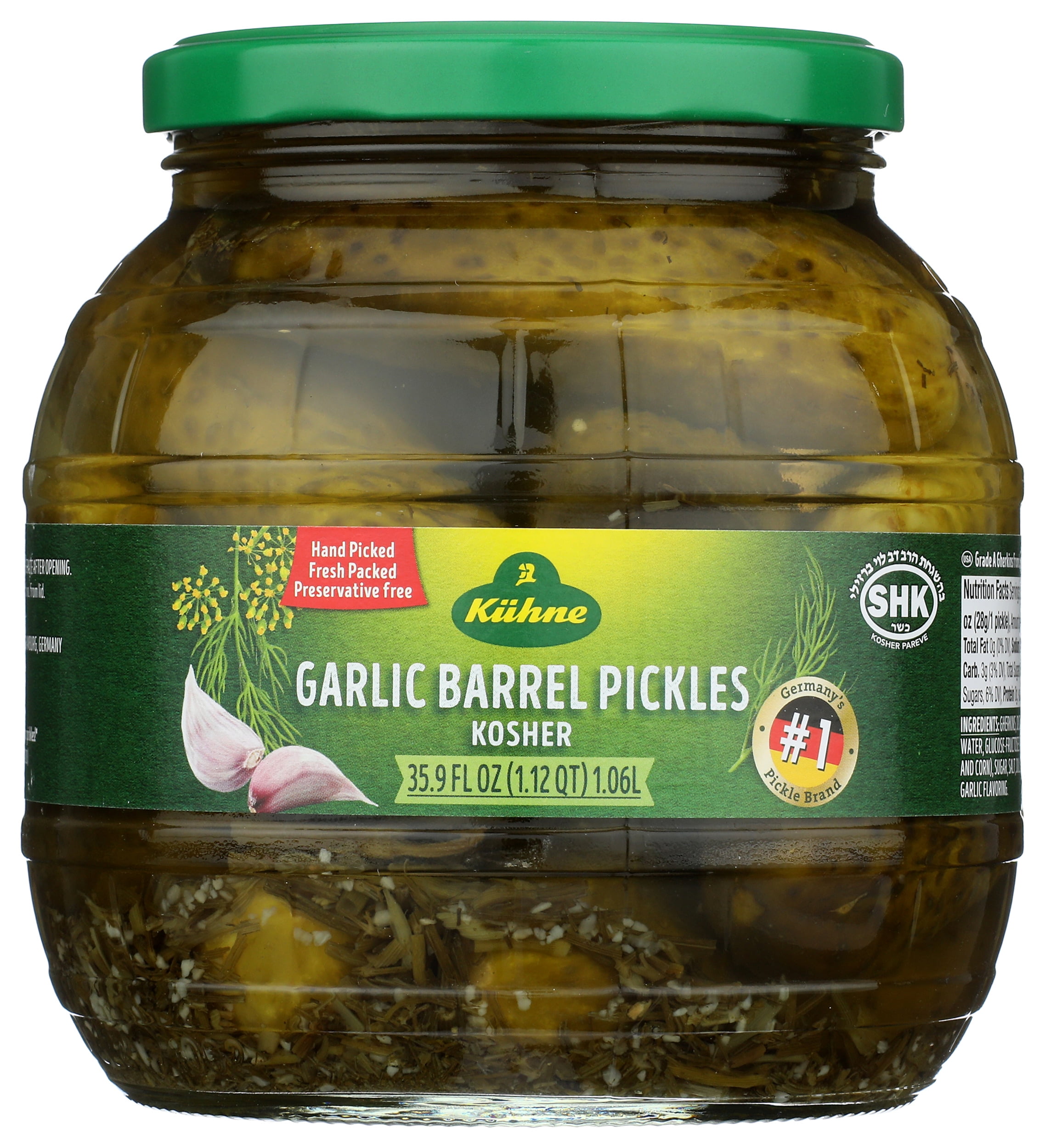Pack of 6, Kuhne Garlic Barrel Pickles, 35.9 oz