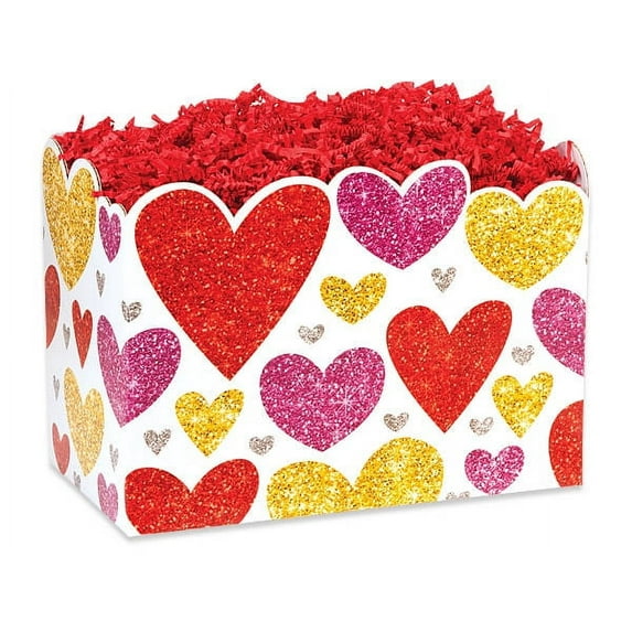 Pack of 6, Large Glittering Hearts Basket Box 10.25 X 6 X 7.5" As Great Table Centerpieces For Parties