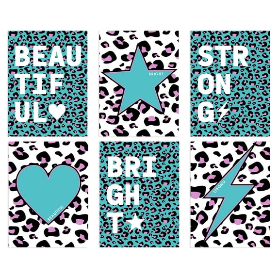 Pack of 6 Leopard Pattern and Bold Shapes Turquoise and Purple Beautiful Bright Strong Typography Unframed Wall Art Living Room Prints Set
