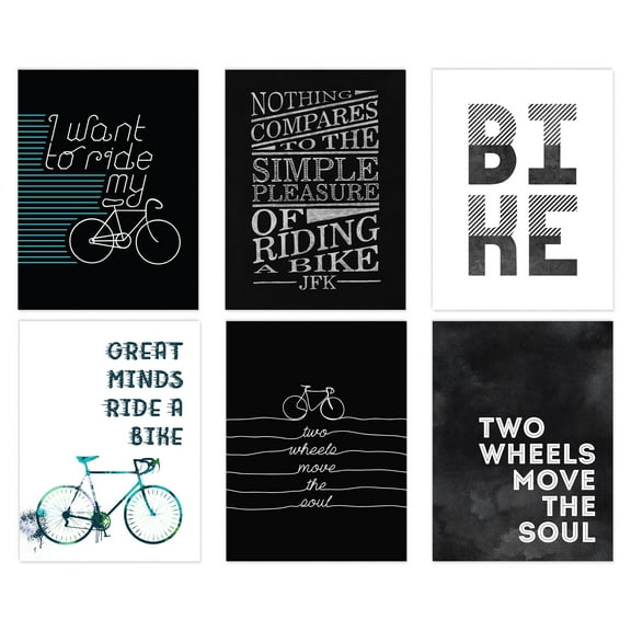 Pack of 6 Love Cycling Bicycle Theme Quote Black and White Bike Typography Unframed Wall Art Living Room Prints Set